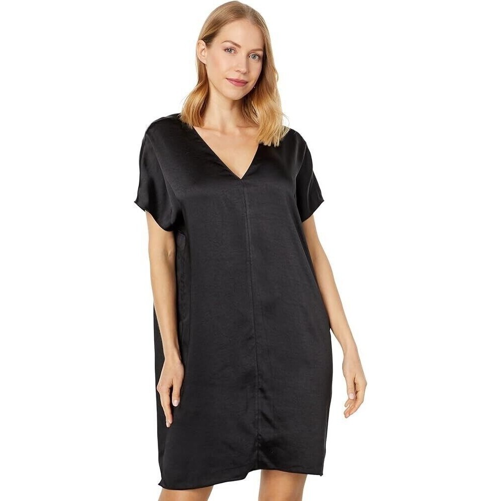 LILLA P Double V-Neck Mini Dress S Dolman Short Sleeve Shift Satin Black NEW B69